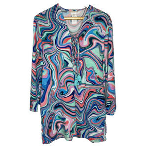 Women's Large La Blanca Wavy Multicolor Lace Up Pullover Swim Cover-Up